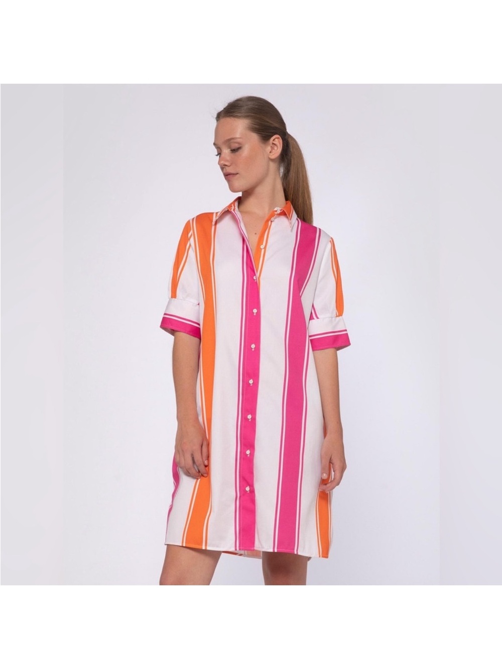 Vilagallo Pink & Orange Striped Shirt Midi Dress